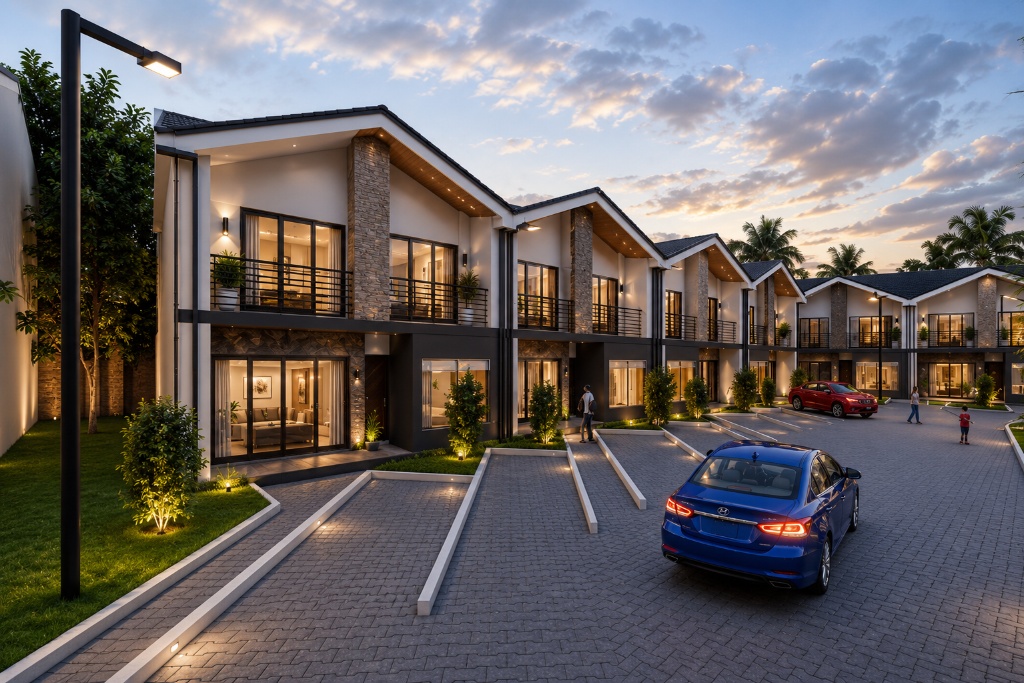 Avonlea — Street view of townhouse row at dusk