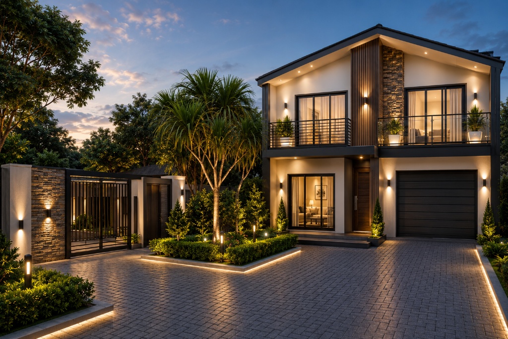 Avonlea — Front elevation of unit blocks at dusk